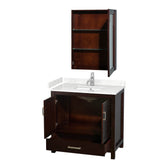 Sheffield 36 Inch Single Bathroom Vanity in Espresso, Carrara Cultured Marble Countertop, Undermount Square Sink, Medicine Cabinet