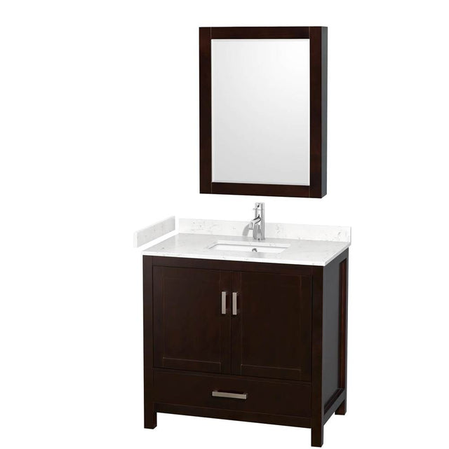 Wyndham Collection - Sheffield 36 Inch Single Bathroom Vanity in Espresso, Carrara Cultured Marble Countertop, Undermount Square Sink, Medicine Cabinet