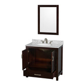 Sheffield 36 Inch Single Bathroom Vanity in Espresso, White Carrara Marble Countertop, Undermount Oval Sink, and 24 Inch Mirror