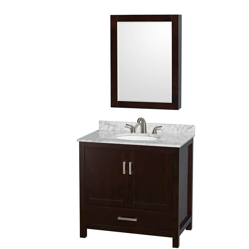 Wyndham Collection - Sheffield 36 Inch Single Bathroom Vanity in Espresso, White Carrara Marble Countertop, Undermount Oval Sink, and Medicine Cabinet - Espresso