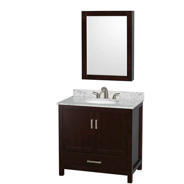 Wyndham Collection - Sheffield 36 Inch Single Bathroom Vanity in Espresso, White Carrara Marble Countertop, Undermount Oval Sink, and Medicine Cabinet - Espresso