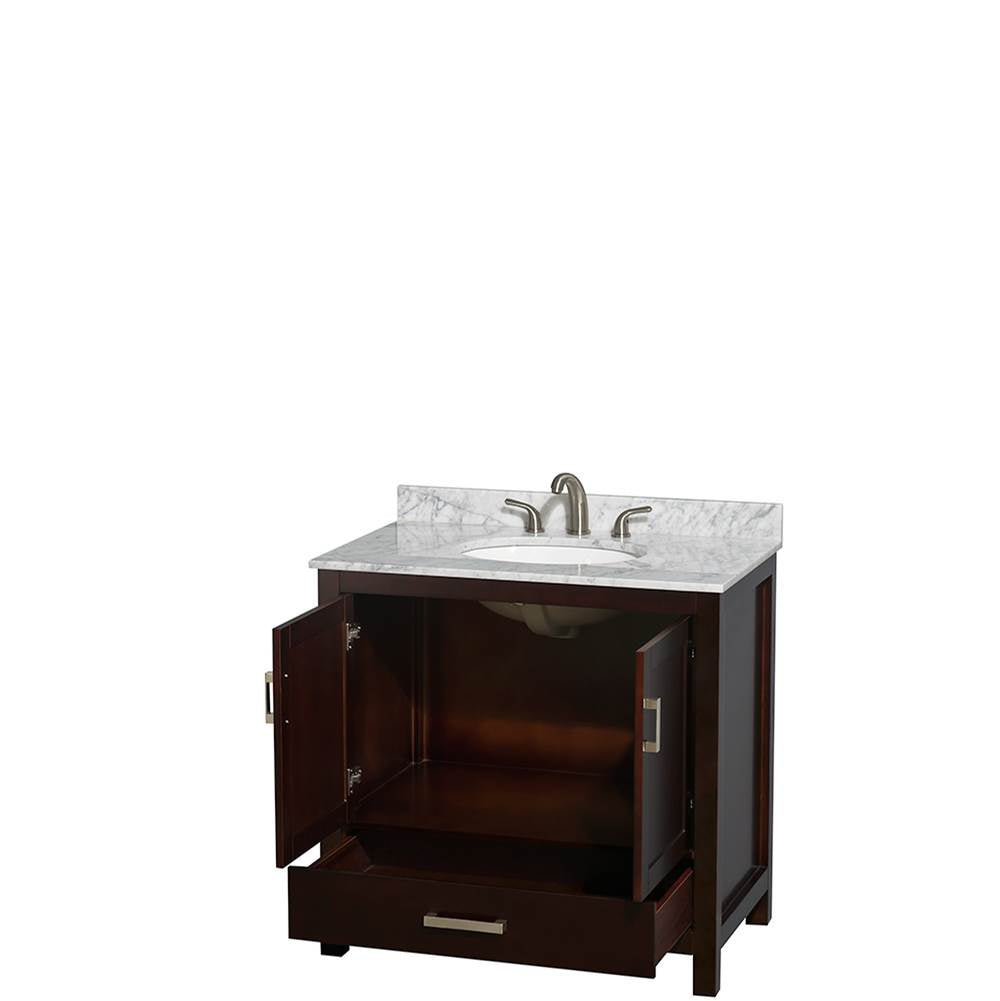 Sheffield 36 Inch Single Bathroom Vanity in Espresso, White Carrara Marble Countertop, Undermount Oval Sink, and No Mirror