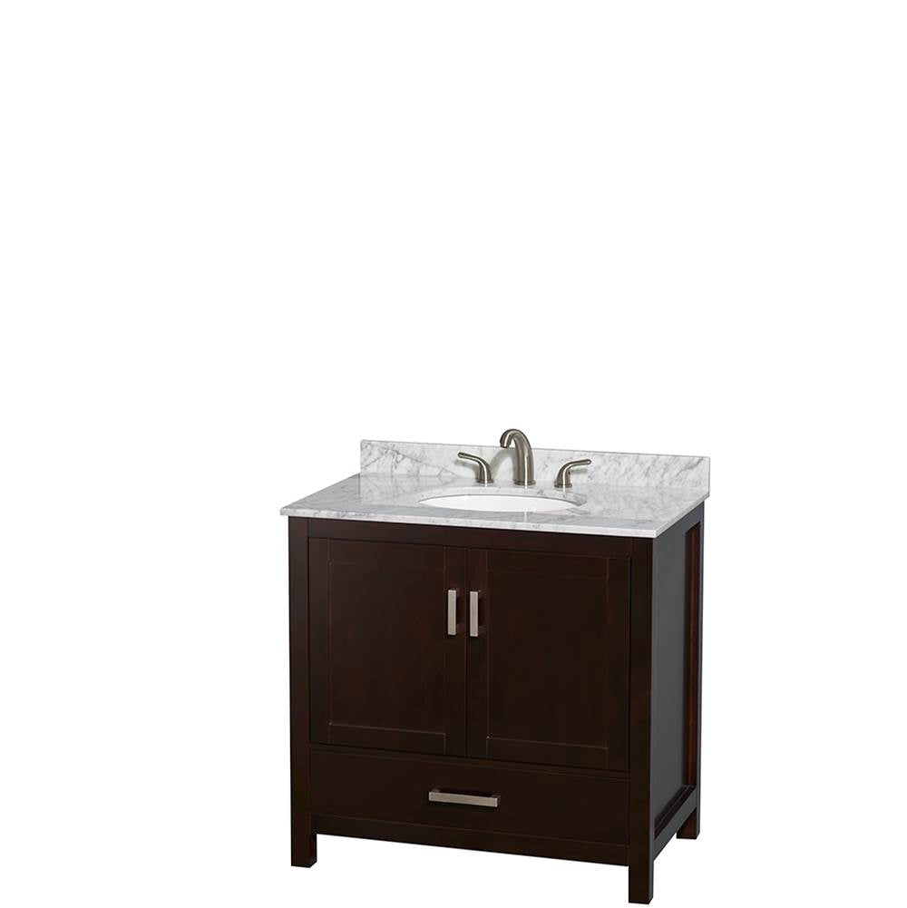 Sheffield 36 Inch Single Bathroom Vanity in Espresso, White Carrara Marble Countertop, Undermount Oval Sink, and Medicine Cabinet