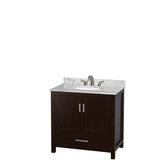 Sheffield 36 Inch Single Bathroom Vanity in Espresso, White Carrara Marble Countertop, Undermount Oval Sink, and Medicine Cabinet