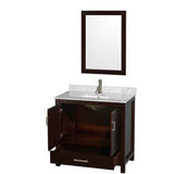 Sheffield 36 Inch Single Bathroom Vanity in Espresso, White Carrara Marble Countertop, Undermount Square Sink, and 24 Inch Mirror
