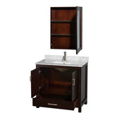Sheffield 36 Inch Single Bathroom Vanity in Espresso, White Carrara Marble Countertop, Undermount Square Sink, and Medicine Cabinet