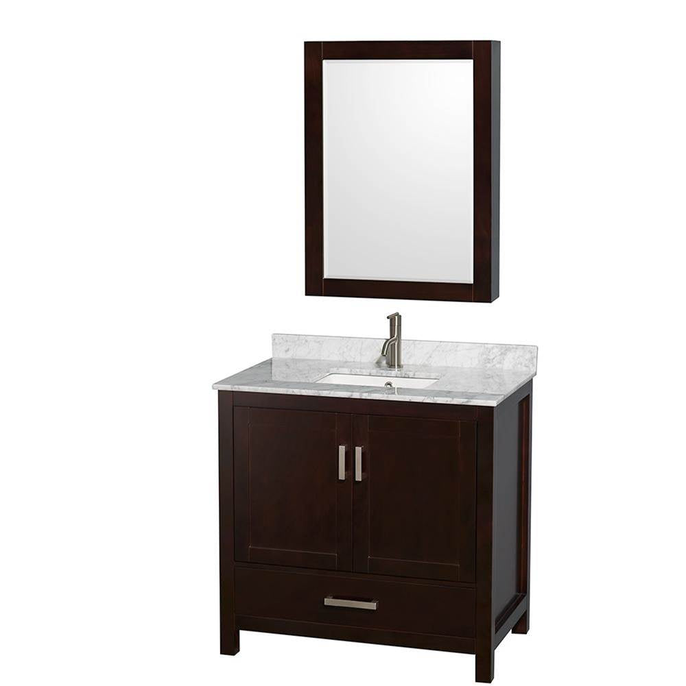 Wyndham Collection - Sheffield 36 Inch Single Bathroom Vanity in Espresso, White Carrara Marble Countertop, Undermount Square Sink, and Medicine Cabinet - Espresso