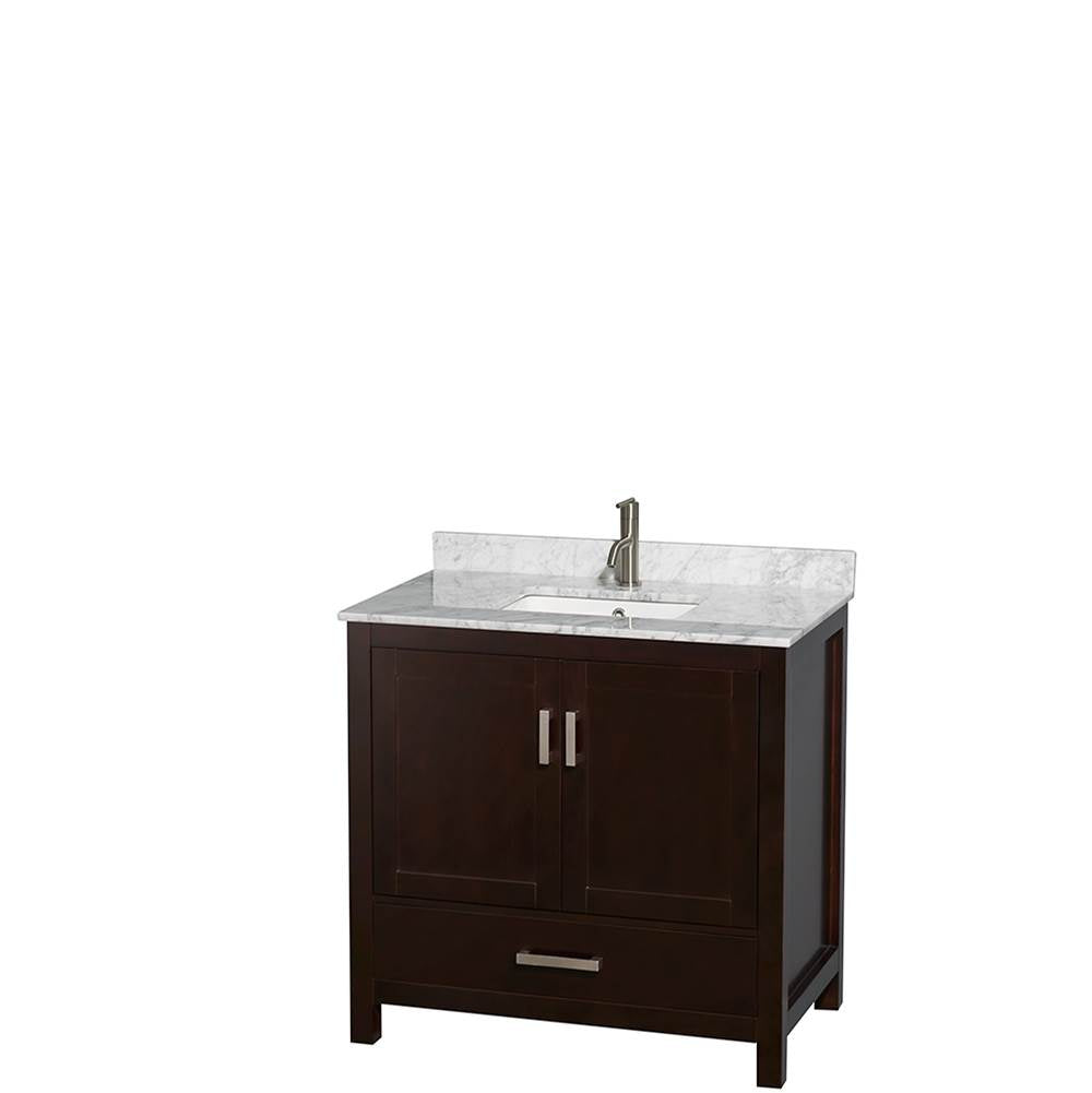 Sheffield 36 Inch Single Bathroom Vanity in Espresso, White Carrara Marble Countertop, Undermount Square Sink, and 24 Inch Mirror