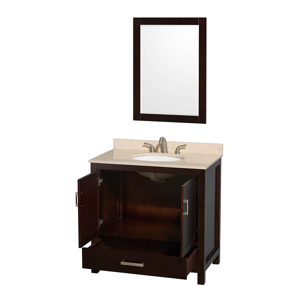 Sheffield 36 Inch Single Bathroom Vanity in Espresso, Ivory Marble Countertop, Undermount Oval Sink, and 24 Inch Mirror