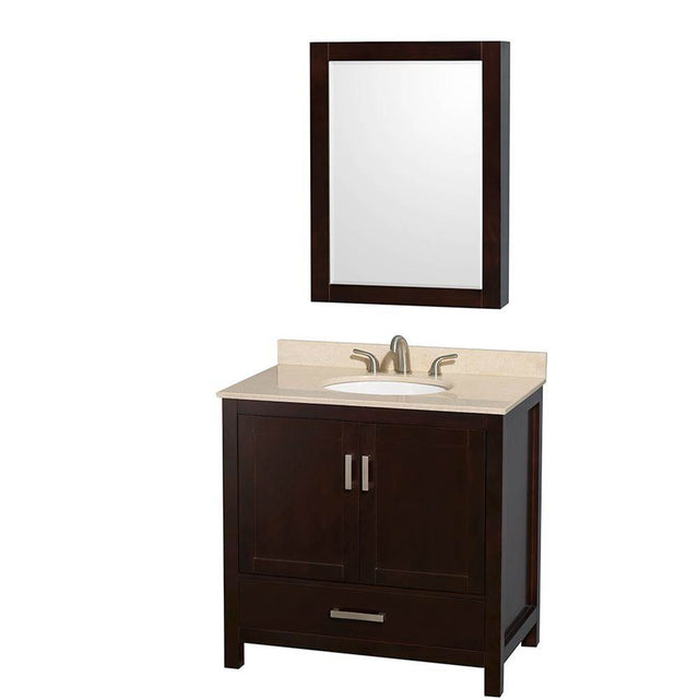Wyndham Collection - Sheffield 36 Inch Single Bathroom Vanity in Espresso, Ivory Marble Countertop, Undermount Oval Sink, and Medicine Cabinet - Espresso