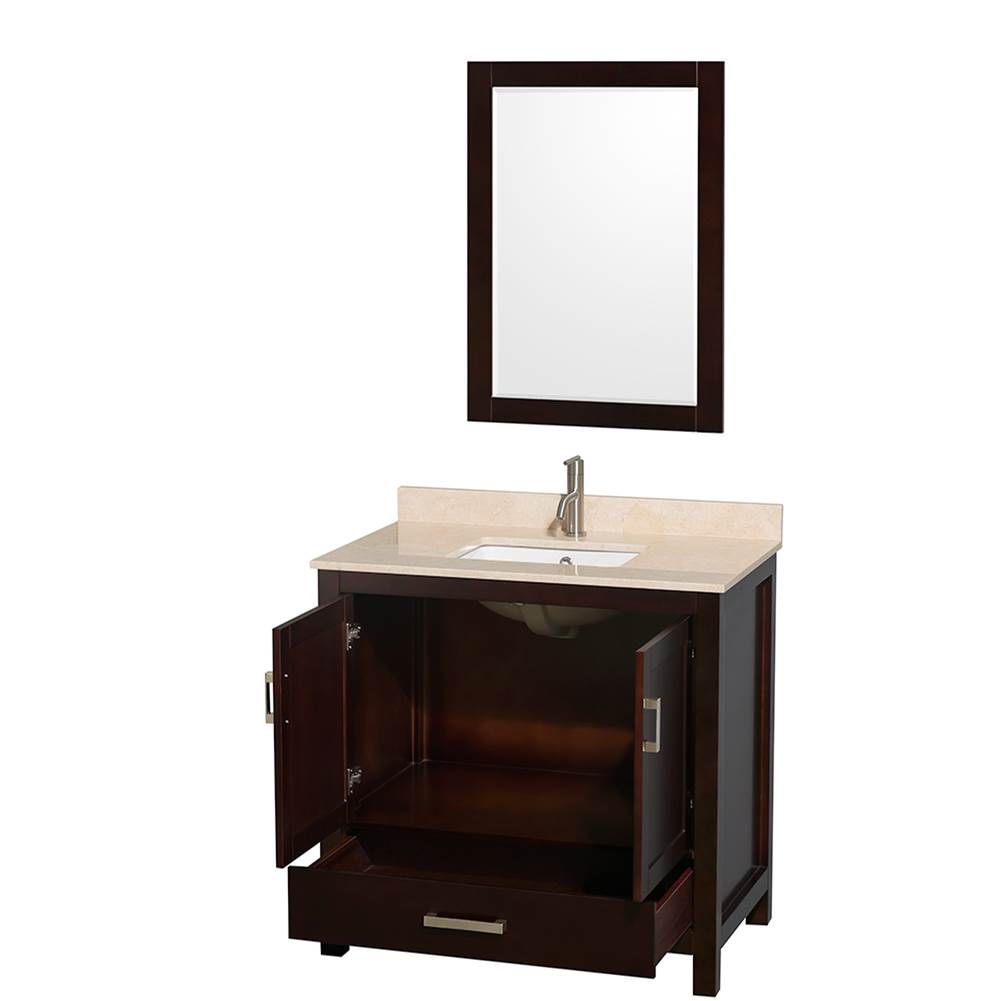 Sheffield 36 Inch Single Bathroom Vanity in Espresso, Ivory Marble Countertop, Undermount Square Sink, and 24 Inch Mirror