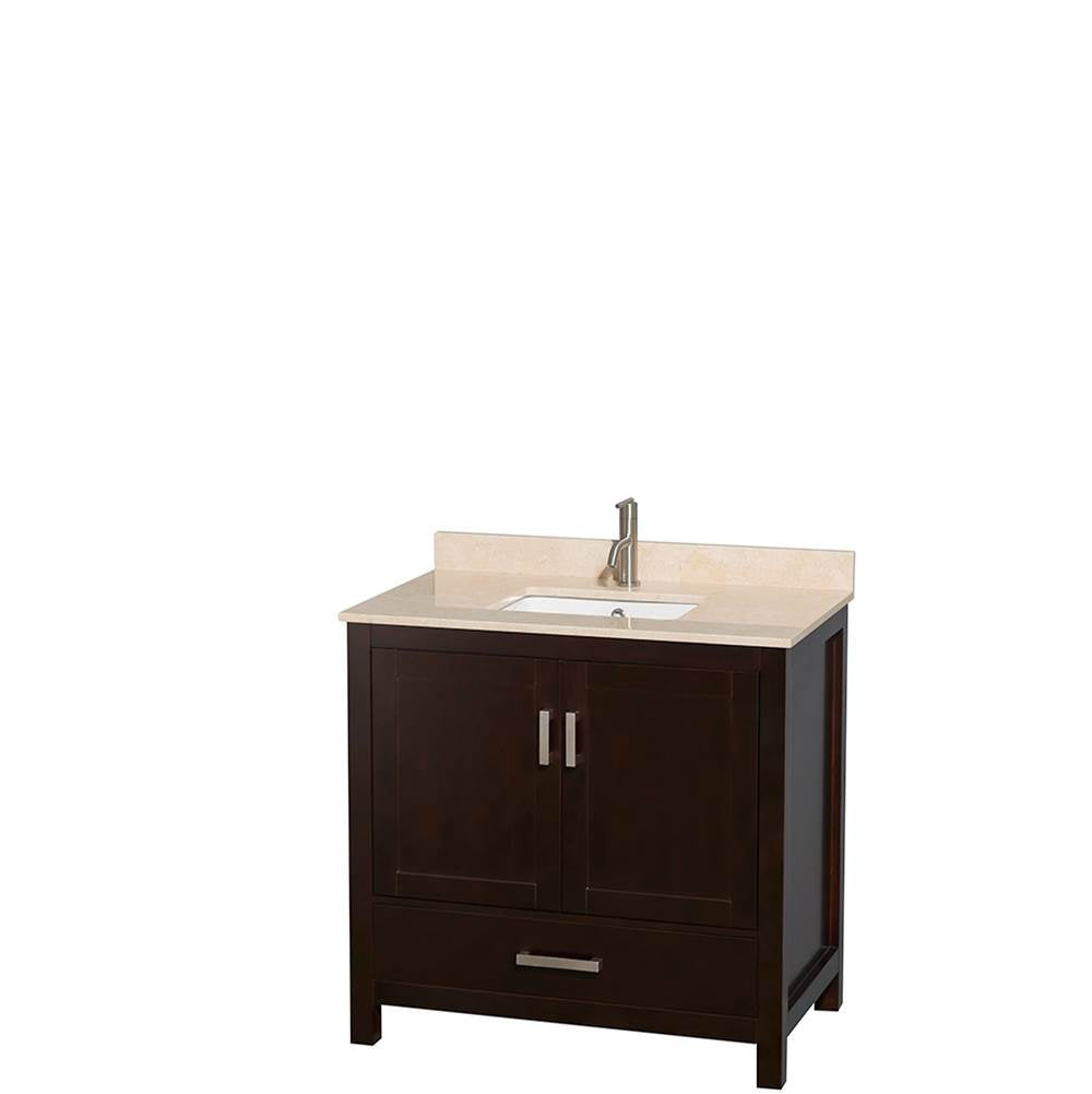 Sheffield 36 Inch Single Bathroom Vanity in Espresso, Ivory Marble Countertop, Undermount Square Sink, and 24 Inch Mirror