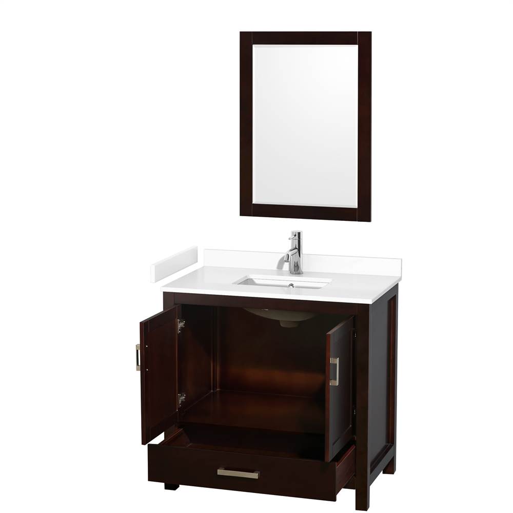 Sheffield 36 Inch Single Bathroom Vanity in Espresso, White Cultured Marble Countertop, Undermount Square Sink, 24 Inch Mirror