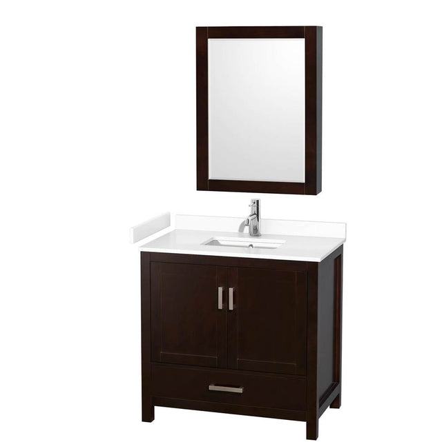 Wyndham Collection - Sheffield 36 Inch Single Bathroom Vanity in Espresso, White Cultured Marble Countertop, Undermount Square Sink, Medicine Cabinet