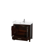 Sheffield 36 Inch Single Bathroom Vanity in Espresso, White Cultured Marble Countertop, Undermount Square Sink, No Mirror