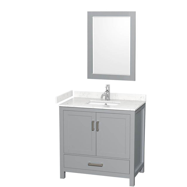 Wyndham Collection - Sheffield 36 Inch Single Bathroom Vanity in Gray, Carrara Cultured Marble Countertop, Undermount Square Sink, 24 Inch Mirror