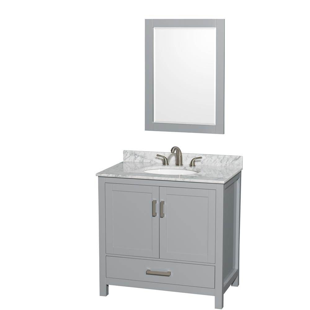 Wyndham Collection - Sheffield 36 Inch Single Bathroom Vanity in Gray, White Carrara Marble Countertop, Undermount Oval Sink, and 24 Inch Mirror - Gray