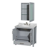 Sheffield 36 Inch Single Bathroom Vanity in Espresso, White Carrara Marble Countertop, Undermount Oval Sink, and Medicine Cabinet