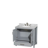 Sheffield 36 Inch Single Bathroom Vanity in Espresso, White Carrara Marble Countertop, Undermount Oval Sink, and No Mirror