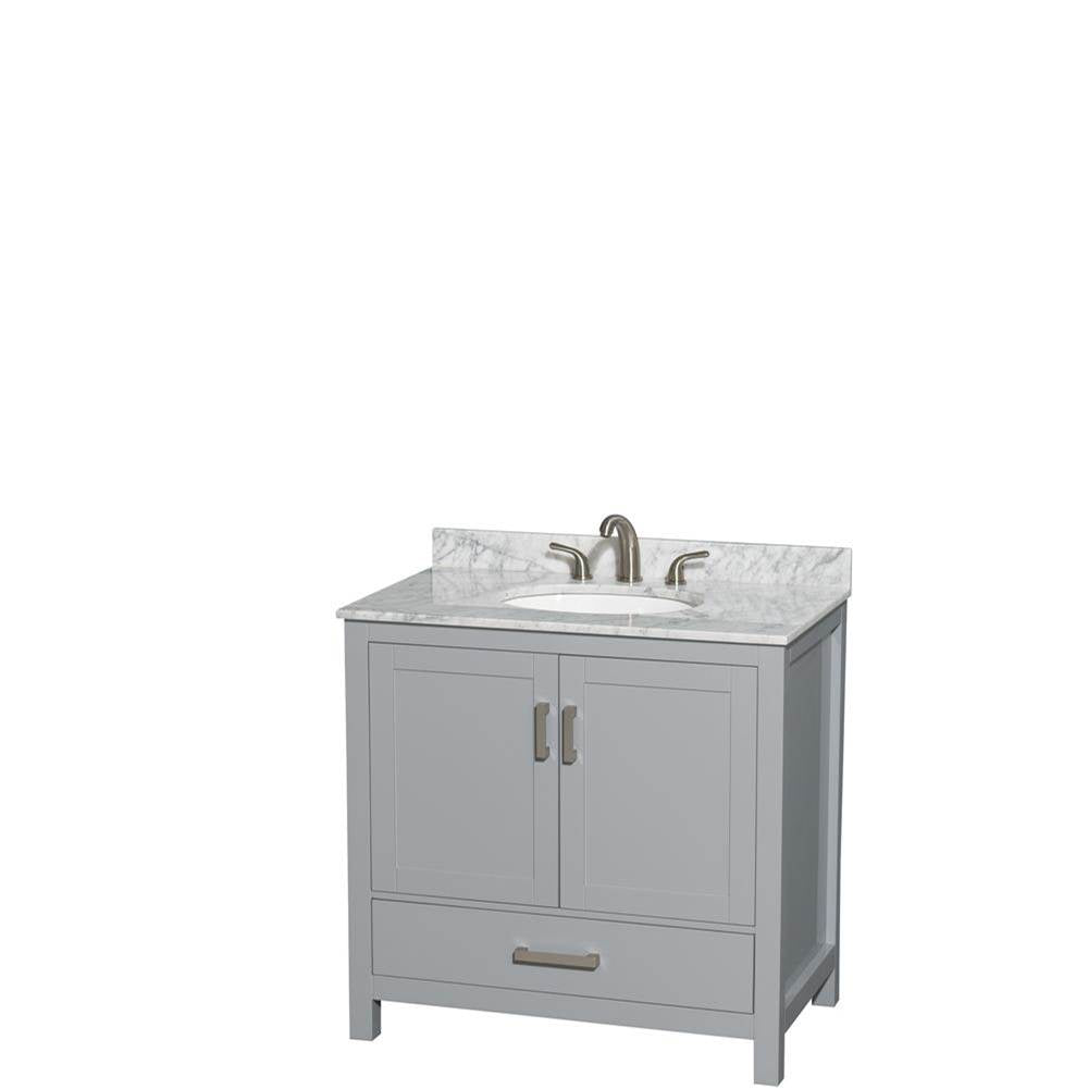 Wyndham Collection - Sheffield 36 Inch Single Bathroom Vanity in Gray, White Carrara Marble Countertop, Undermount Oval Sink, and No Mirror - Gray