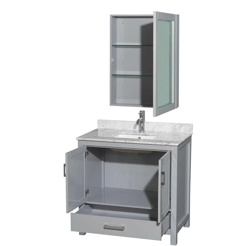 Sheffield 36 Inch Single Bathroom Vanity in Espresso, White Carrara Marble Countertop, Undermount Square Sink, and Medicine Cabinet
