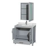 Sheffield 36 Inch Single Bathroom Vanity in Espresso, White Carrara Marble Countertop, Undermount Square Sink, and Medicine Cabinet