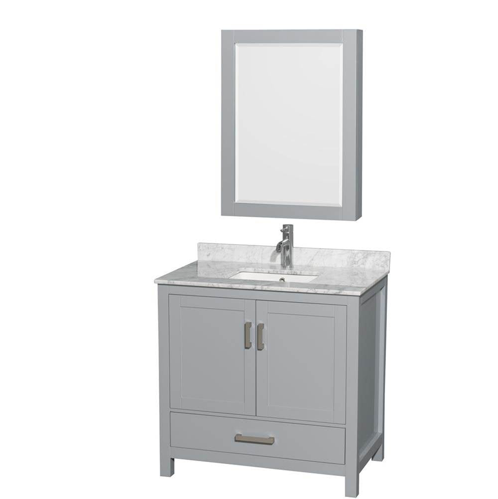 Wyndham Collection - Sheffield 36 Inch Single Bathroom Vanity in Gray, White Carrara Marble Countertop, Undermount Square Sink, and Medicine Cabinet - Gray