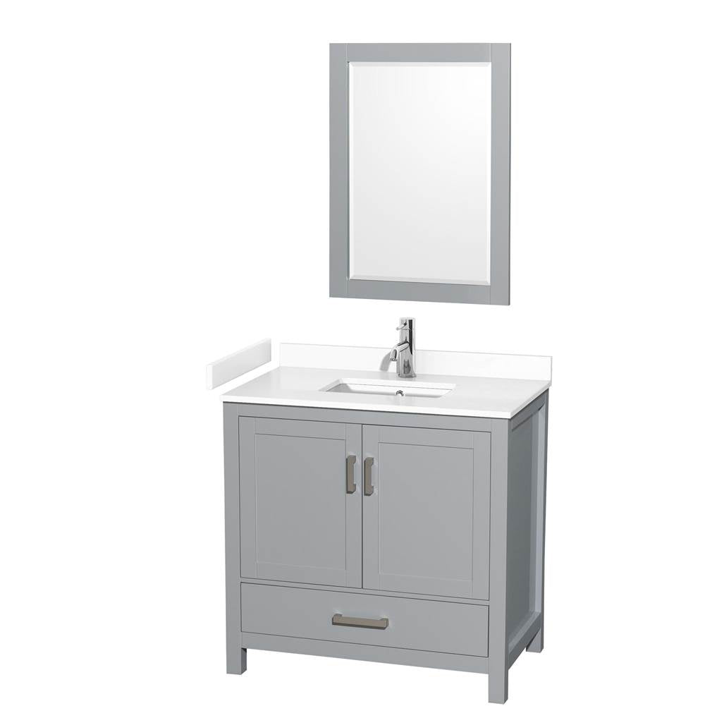 Wyndham Collection - Sheffield 36 Inch Single Bathroom Vanity in Gray, White Cultured Marble Countertop, Undermount Square Sink, 24 Inch Mirror
