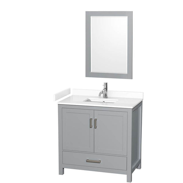 Wyndham Collection - Sheffield 36 Inch Single Bathroom Vanity in Gray, White Cultured Marble Countertop, Undermount Square Sink, 24 Inch Mirror