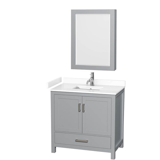 Wyndham Collection - Sheffield 36 Inch Single Bathroom Vanity in Gray, White Cultured Marble Countertop, Undermount Square Sink, Medicine Cabinet