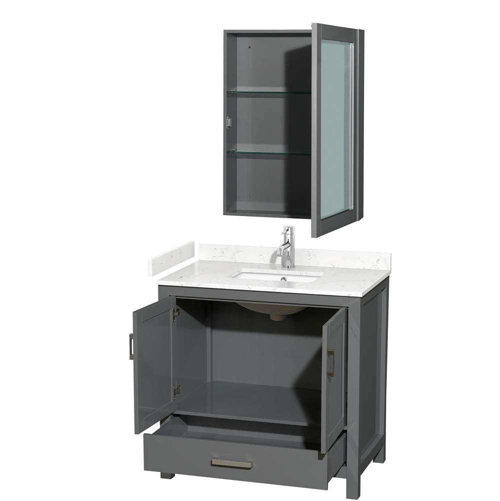 Sheffield 36 Inch Single Bathroom Vanity in Dark Gray, Carrara Cultured Marble Countertop, Undermount Square Sink, Medicine Cabinet