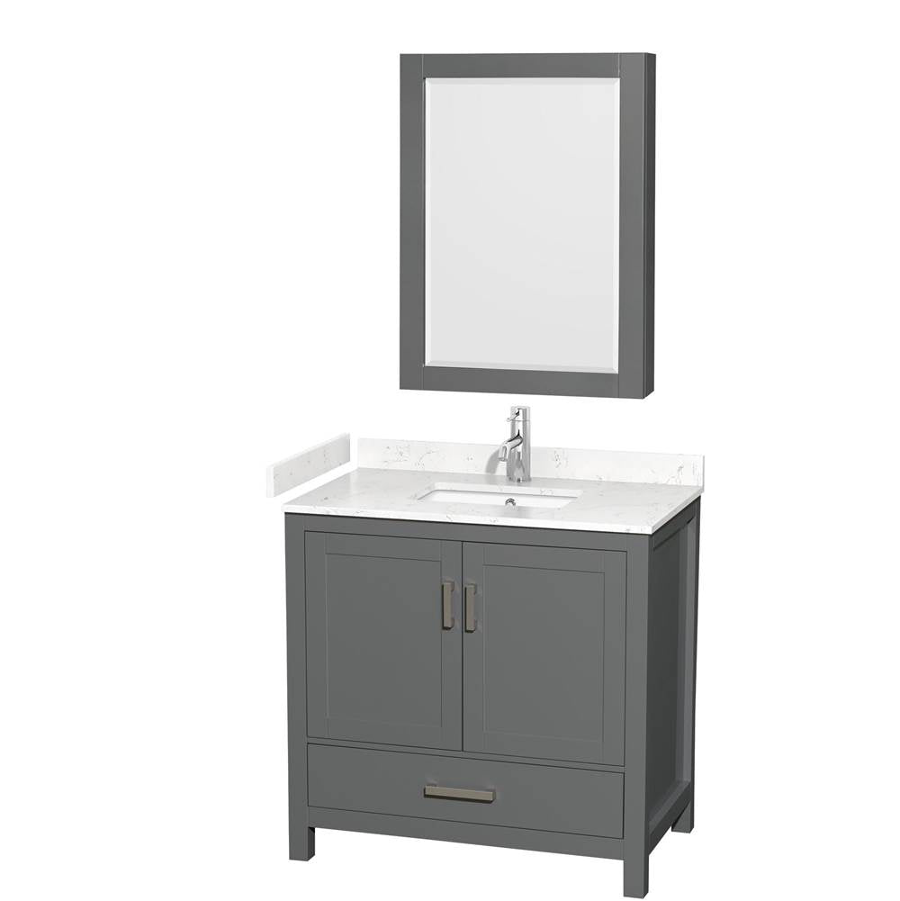 Wyndham Collection - Sheffield 36 Inch Single Bathroom Vanity in Dark Gray, Carrara Cultured Marble Countertop, Undermount Square Sink, Medicine Cabinet