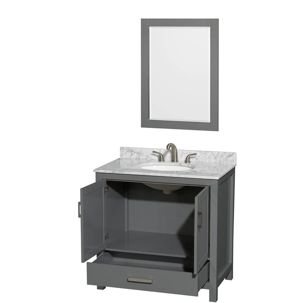 Sheffield 36 Inch Single Bathroom Vanity in Espresso, White Carrara Marble Countertop, Undermount Oval Sink, and 24 Inch Mirror