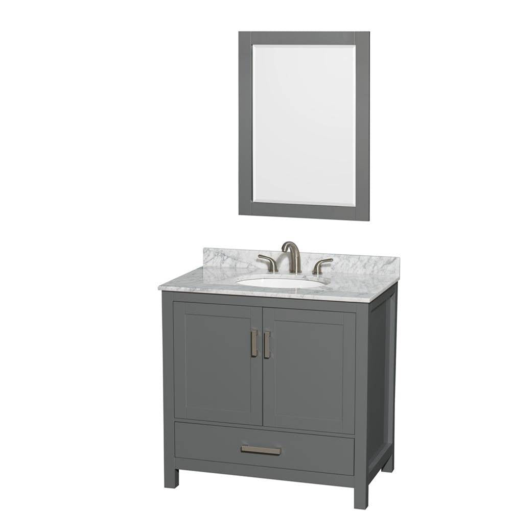 Wyndham Collection - Sheffield 36 Inch Single Bathroom Vanity in Dark Gray, White Carrara Marble Countertop, Undermount Oval Sink, and 24 Inch Mirror - Dark Gray