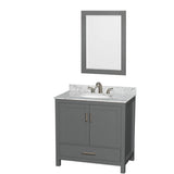Wyndham Collection - Sheffield 36 Inch Single Bathroom Vanity in Dark Gray, White Carrara Marble Countertop, Undermount Oval Sink, and 24 Inch Mirror - Dark Gray