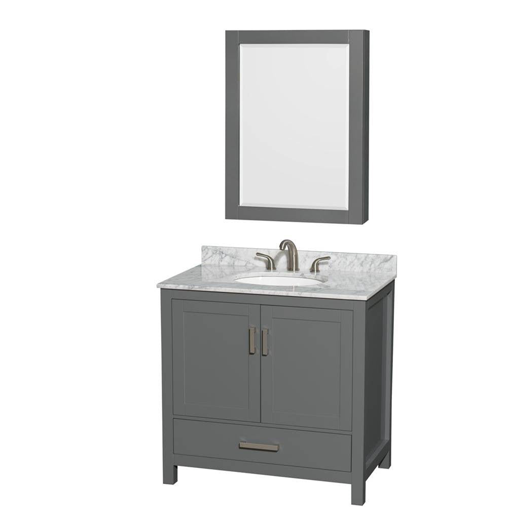 Wyndham Collection - Sheffield 36 Inch Single Bathroom Vanity in Dark Gray, White Carrara Marble Countertop, Undermount Oval Sink, and Medicine Cabinet - Dark Gray