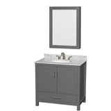 Wyndham Collection - Sheffield 36 Inch Single Bathroom Vanity in Dark Gray, White Carrara Marble Countertop, Undermount Oval Sink, and Medicine Cabinet - Dark Gray
