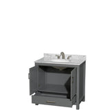 Sheffield 36 Inch Single Bathroom Vanity in Espresso, White Carrara Marble Countertop, Undermount Oval Sink, and No Mirror