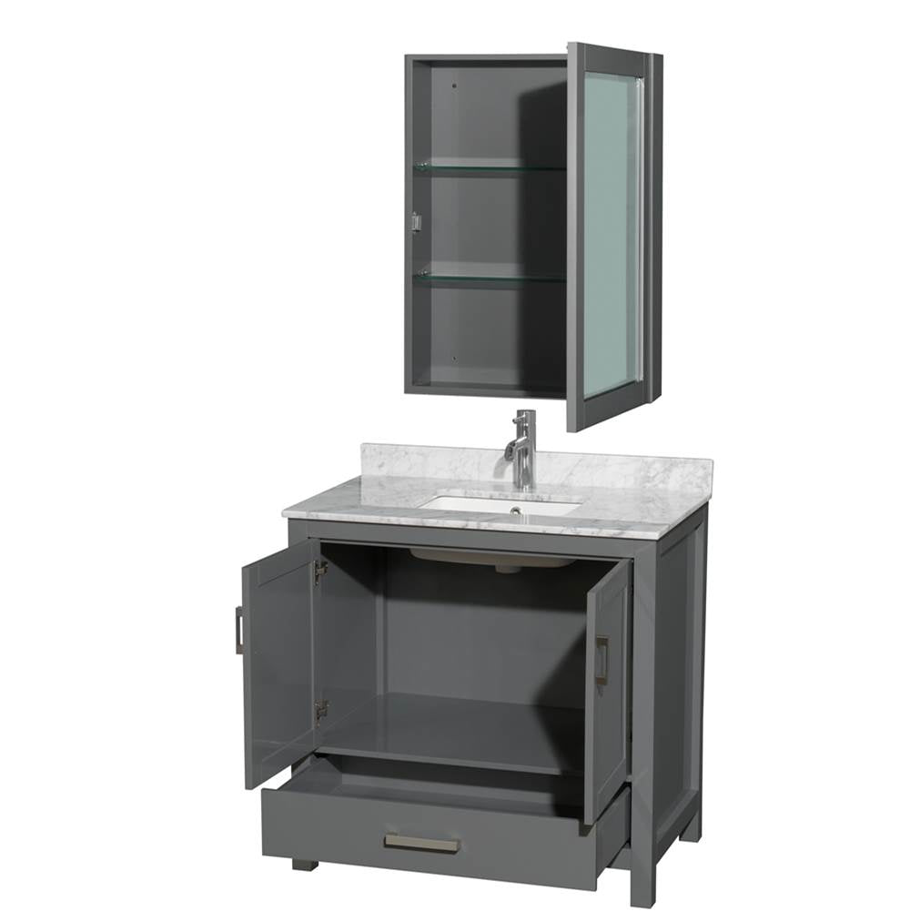 Sheffield 36 Inch Single Bathroom Vanity in Espresso, White Carrara Marble Countertop, Undermount Square Sink, and Medicine Cabinet
