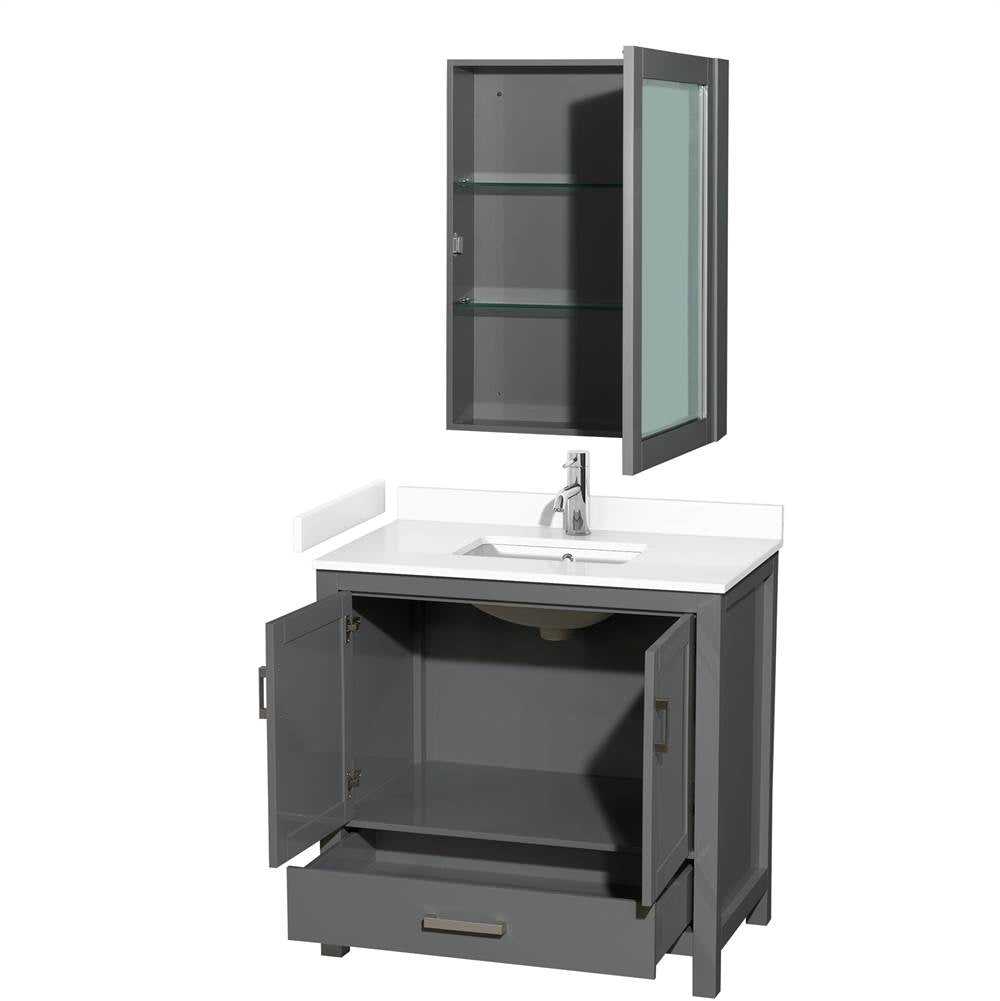 Sheffield 36 Inch Single Bathroom Vanity in Dark Gray, White Cultured Marble Countertop, Undermount Square Sink, Medicine Cabinet