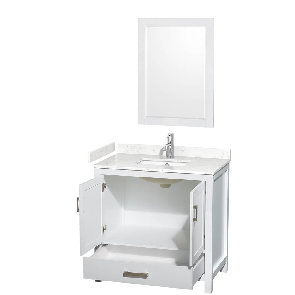 Sheffield 36 Inch Single Bathroom Vanity in White, Carrara Cultured Marble Countertop, Undermount Square Sink, 24 Inch Mirror