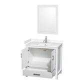 Sheffield 36 Inch Single Bathroom Vanity in White, Carrara Cultured Marble Countertop, Undermount Square Sink, 24 Inch Mirror