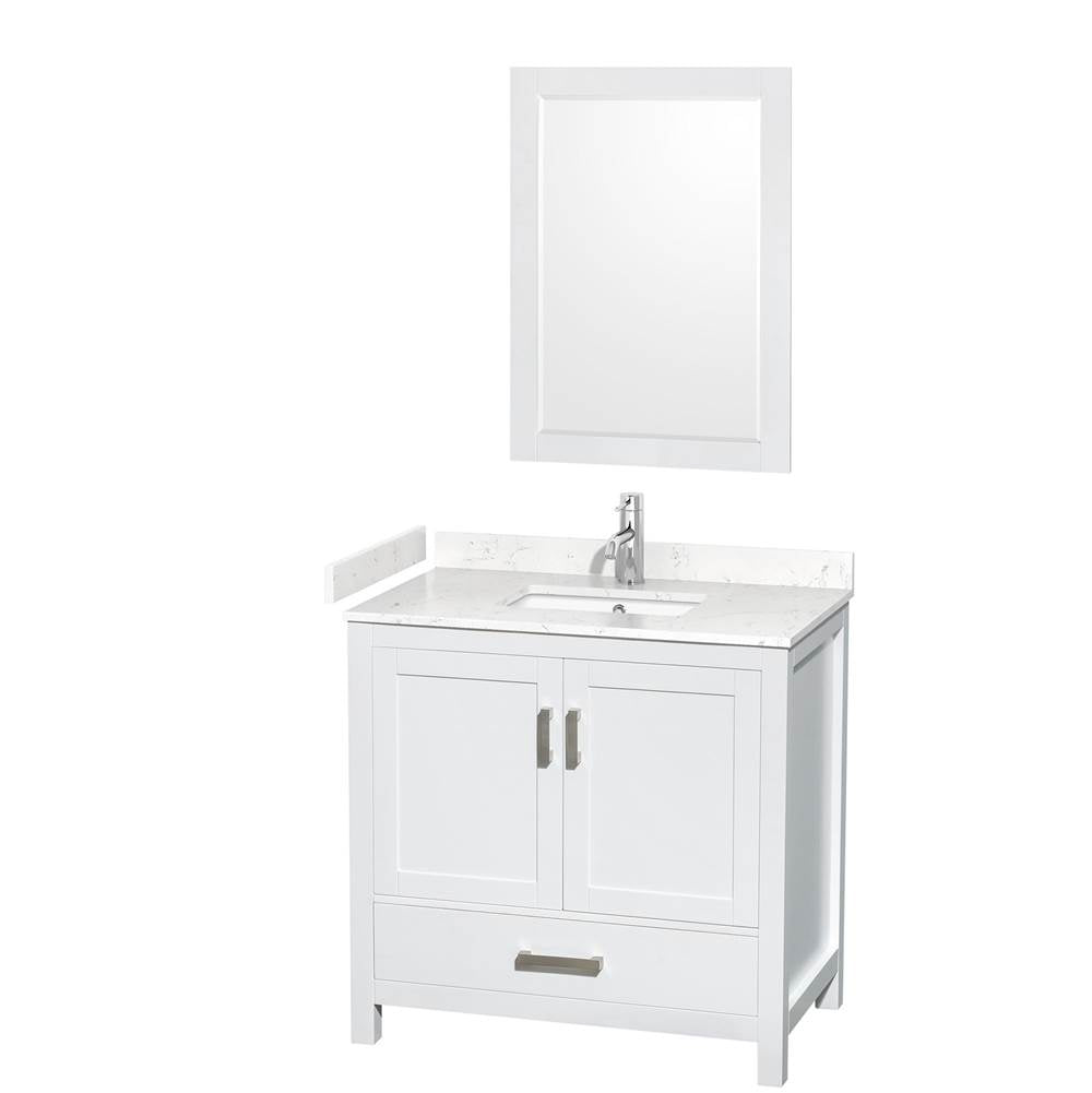 Wyndham Collection - Sheffield 36 Inch Single Bathroom Vanity in White, Carrara Cultured Marble Countertop, Undermount Square Sink, 24 Inch Mirror