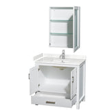 Sheffield 36 Inch Single Bathroom Vanity in White, Carrara Cultured Marble Countertop, Undermount Square Sink, Medicine Cabinet