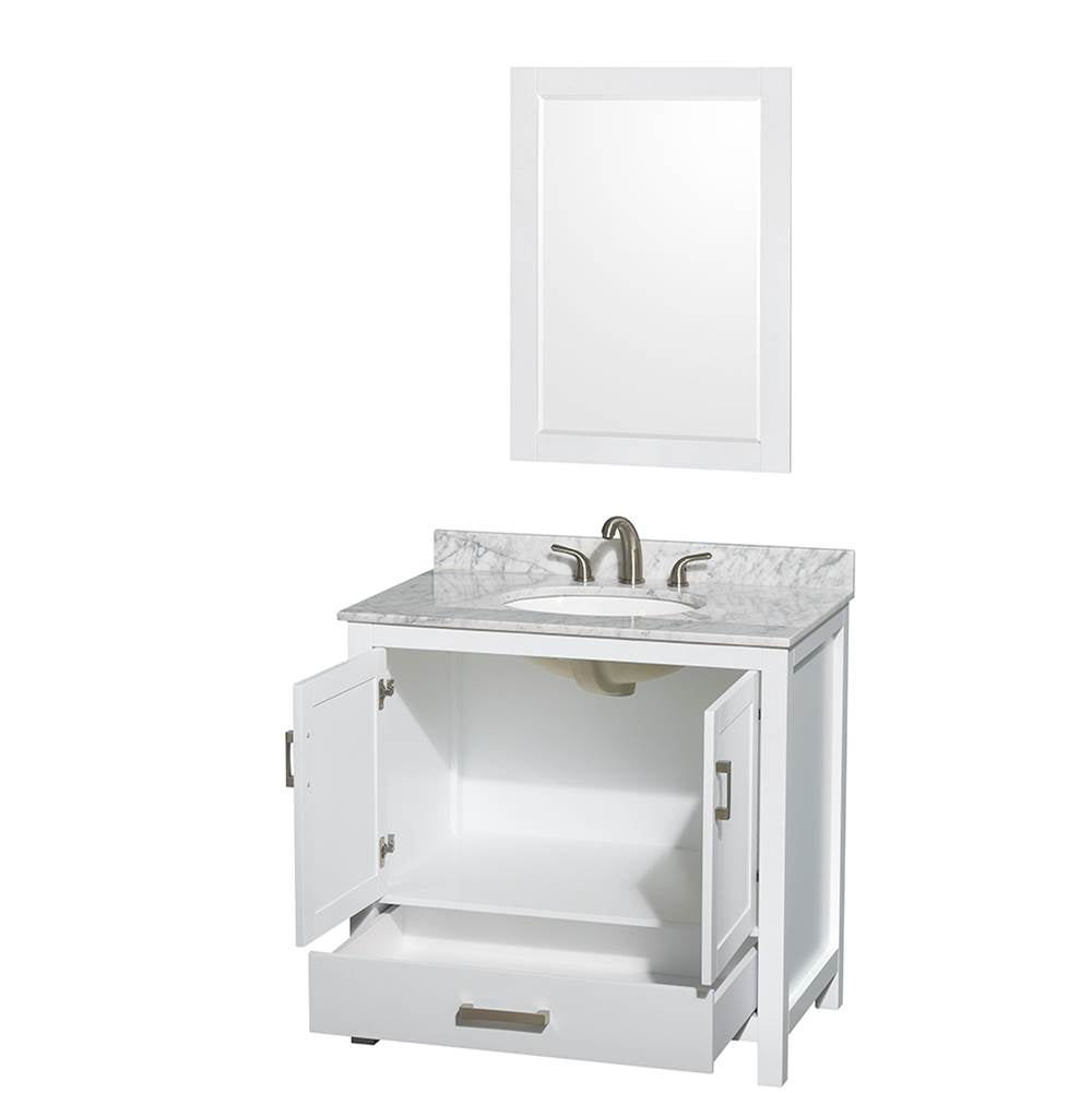 Sheffield 36 Inch Single Bathroom Vanity in Espresso, White Carrara Marble Countertop, Undermount Oval Sink, and 24 Inch Mirror