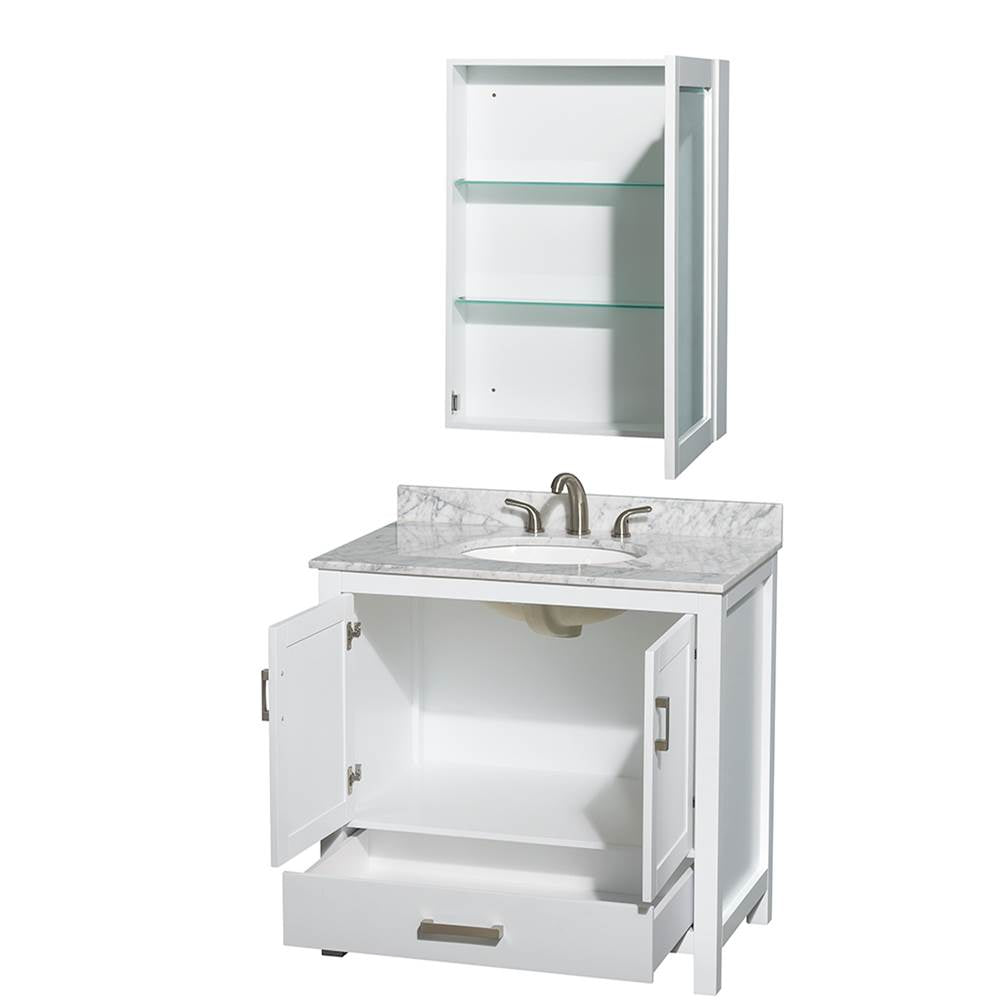 Sheffield 36 Inch Single Bathroom Vanity in Espresso, White Carrara Marble Countertop, Undermount Oval Sink, and Medicine Cabinet