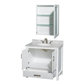 Sheffield 36 Inch Single Bathroom Vanity in Espresso, White Carrara Marble Countertop, Undermount Oval Sink, and Medicine Cabinet