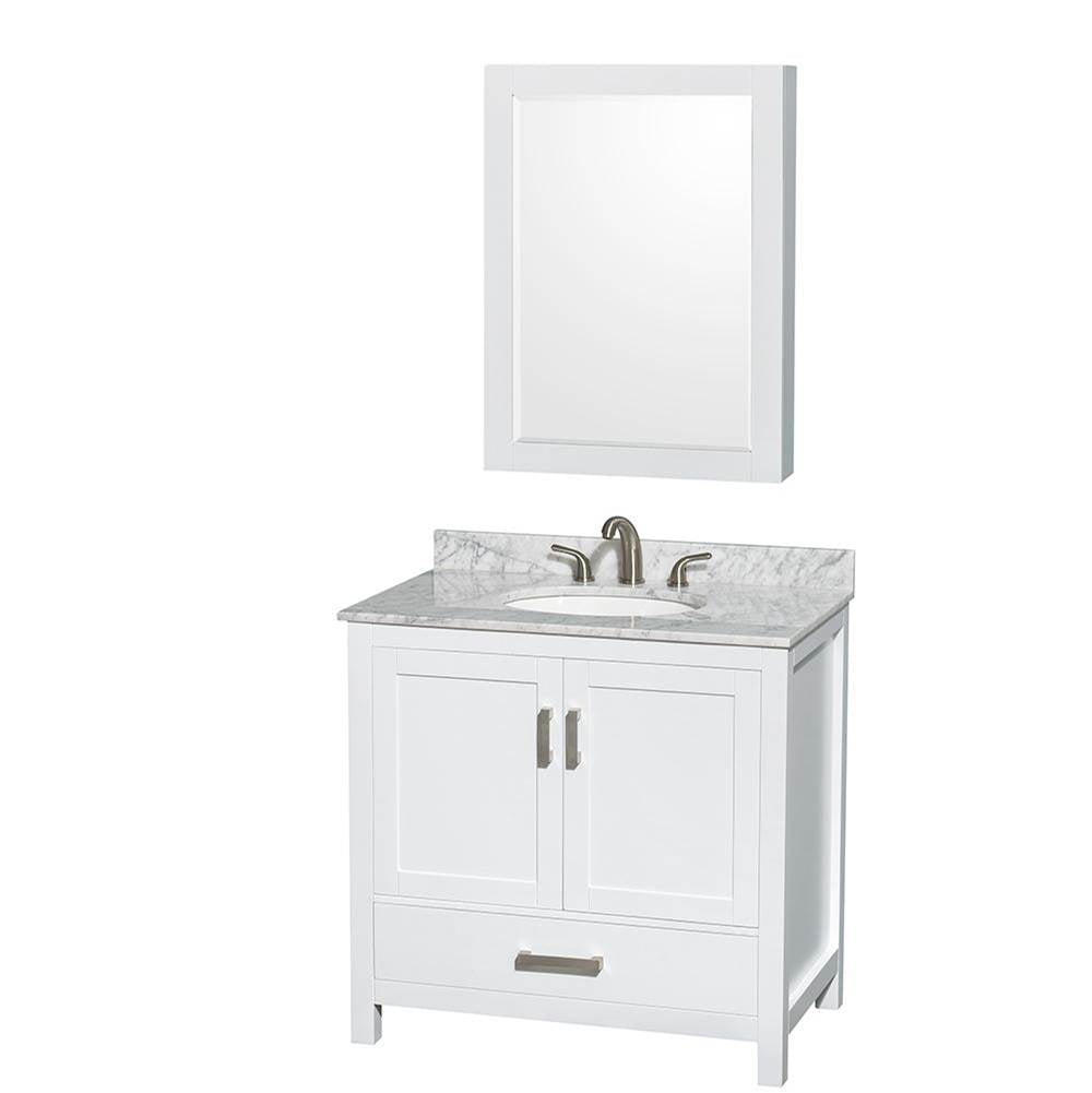 Wyndham Collection - Sheffield 36 Inch Single Bathroom Vanity in White, White Carrara Marble Countertop, Undermount Oval Sink, and Medicine Cabinet - White