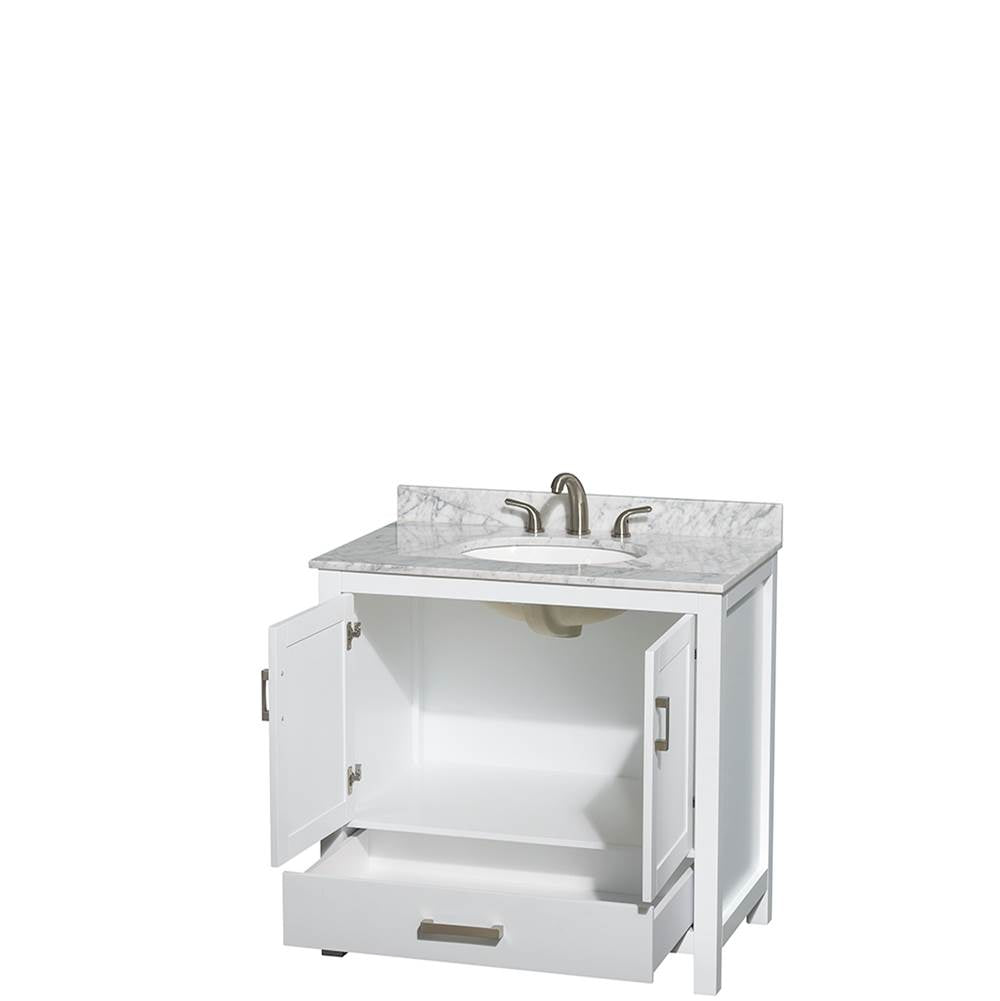 Sheffield 36 Inch Single Bathroom Vanity in Espresso, White Carrara Marble Countertop, Undermount Oval Sink, and No Mirror