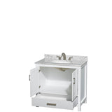 Sheffield 36 Inch Single Bathroom Vanity in Espresso, White Carrara Marble Countertop, Undermount Oval Sink, and No Mirror